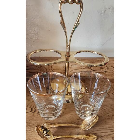 Vintage Mid-Century Gold Tone 2 Condiment Server Carousel With Spoons MCM - Picture 9 of 9
